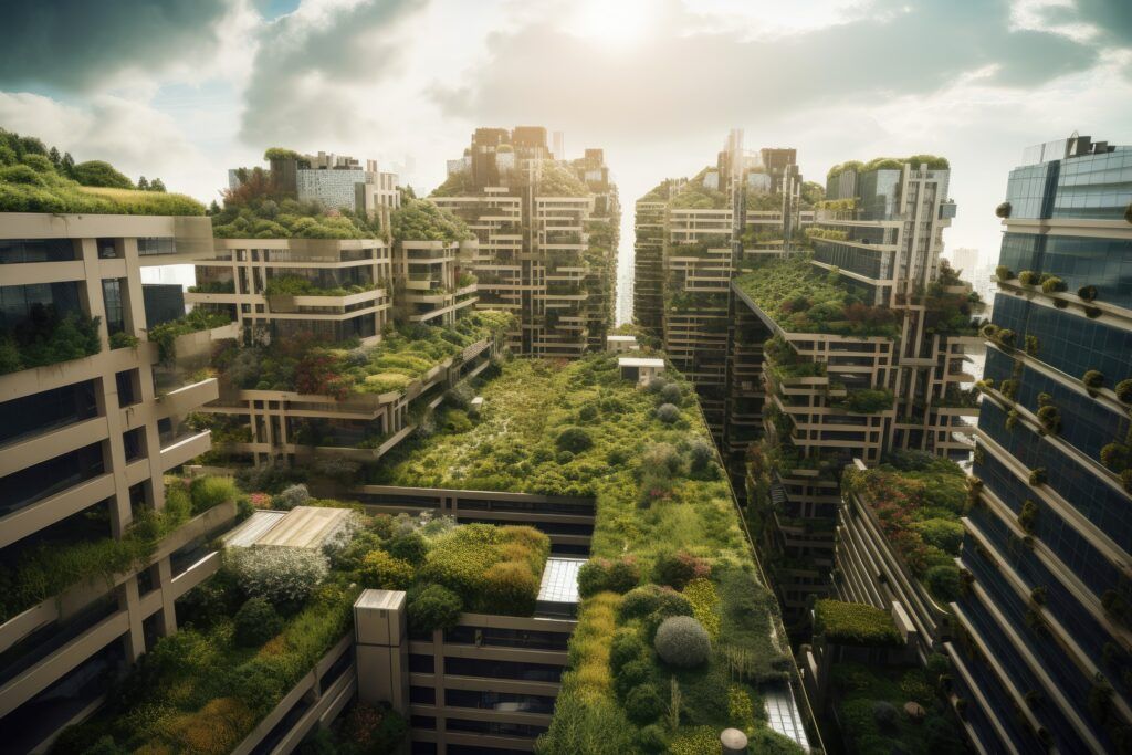 green city of the future, with farm and garden on roof of high-rise building, created with generative ai
